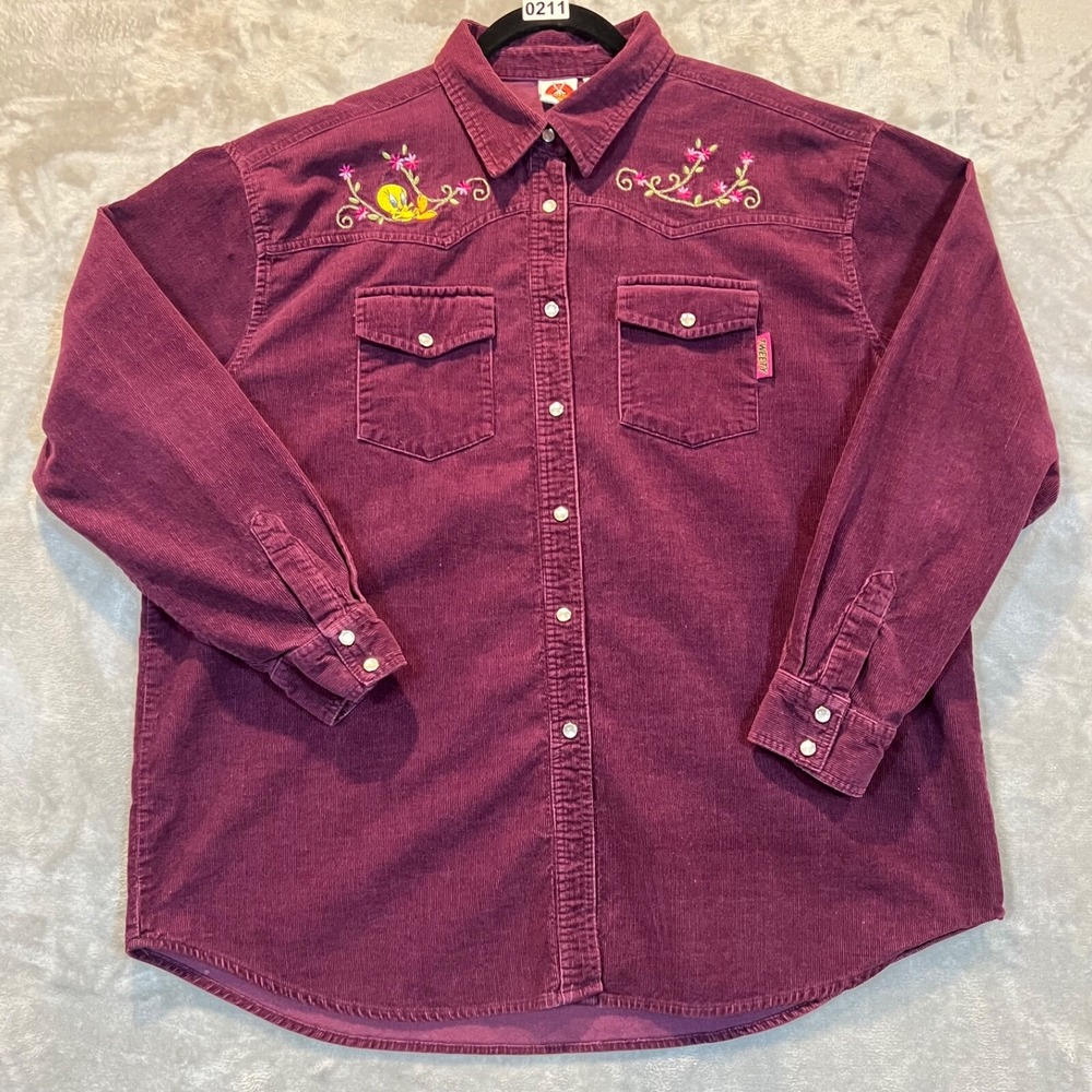 Vintage Looney Tunes Tweety‎ Bird Corduroy Embroidery Shirt Women's XL Purple